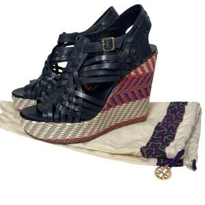 TORY BURCH Women’s Raven Black Leather Multi Color Espadrille Wedge